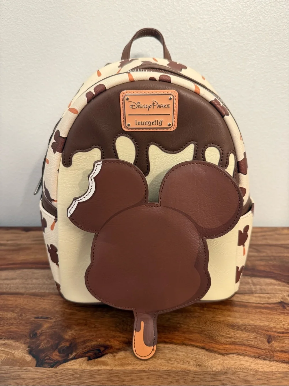 Loungefly Brown Cream Chocolate Drip Mini Backpack with Pink Sequin Bow Ears